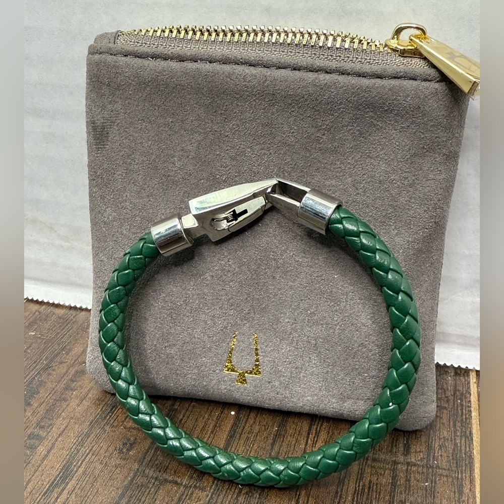 Bulova Green Braided Leather Bracelet with Suede Pouch
